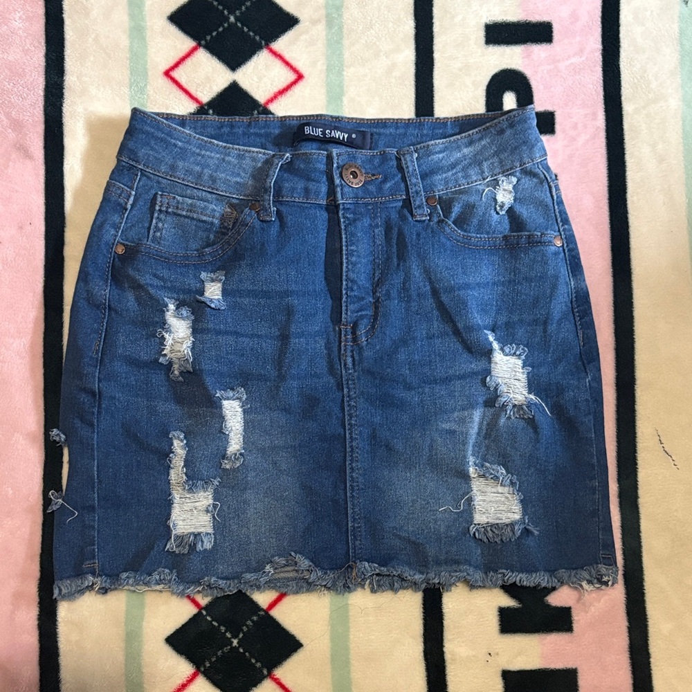 Kaari Blue Distressed Denim Mini Skirt